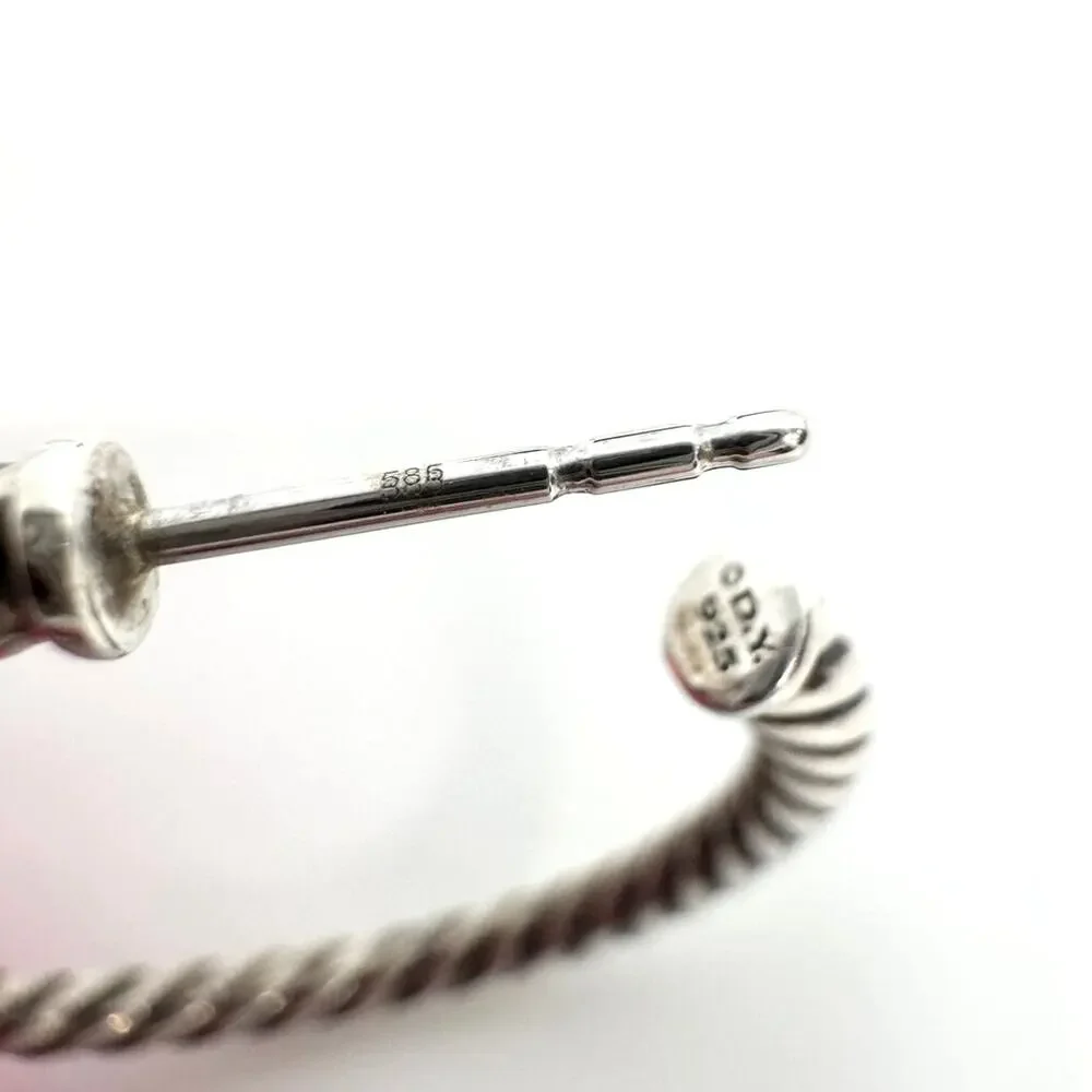 DAVID YURMAN Silver Cable Classics Hoop Earring with Pave Diamonds Chain 925 DY
